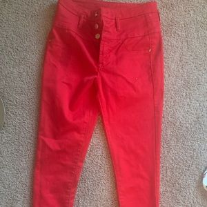Red high waisted denim jeans